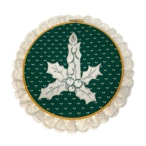 Vintage Lace Doily Holly Candle Embroidery Hoop Wall Decor Ruffle Art